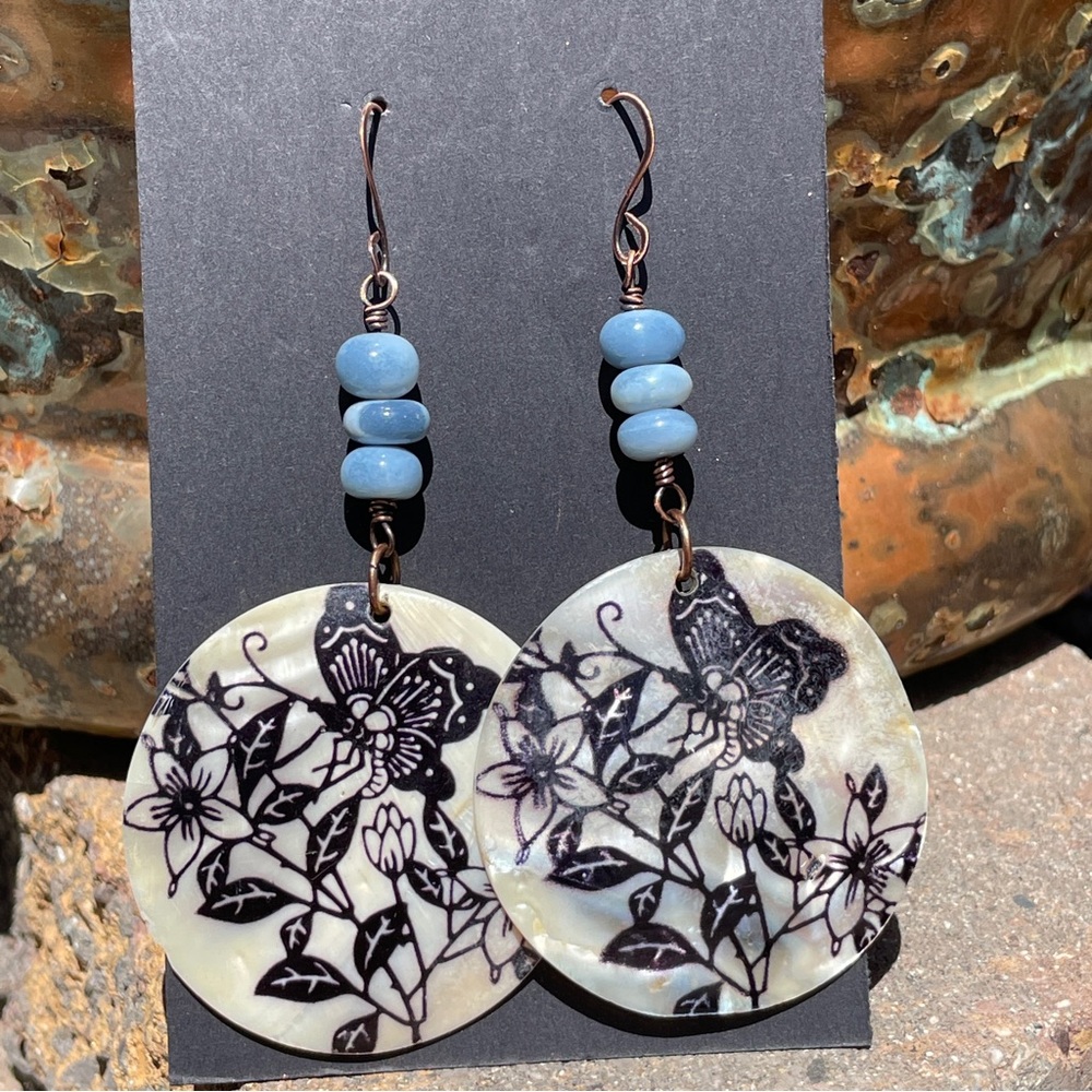 Blue Opal And Butterfly Seashell Copper Dangling Earrings - Picture 8 of 9